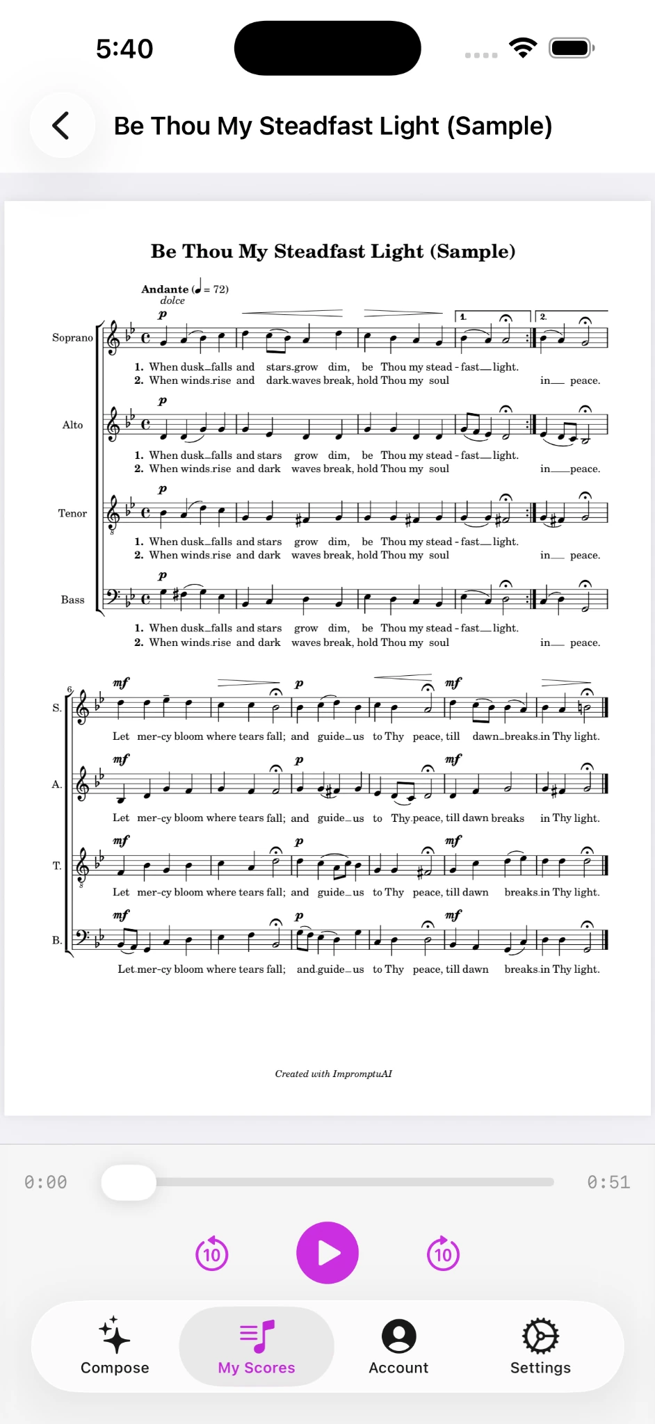 SATB choir score with lyrics and playback controls