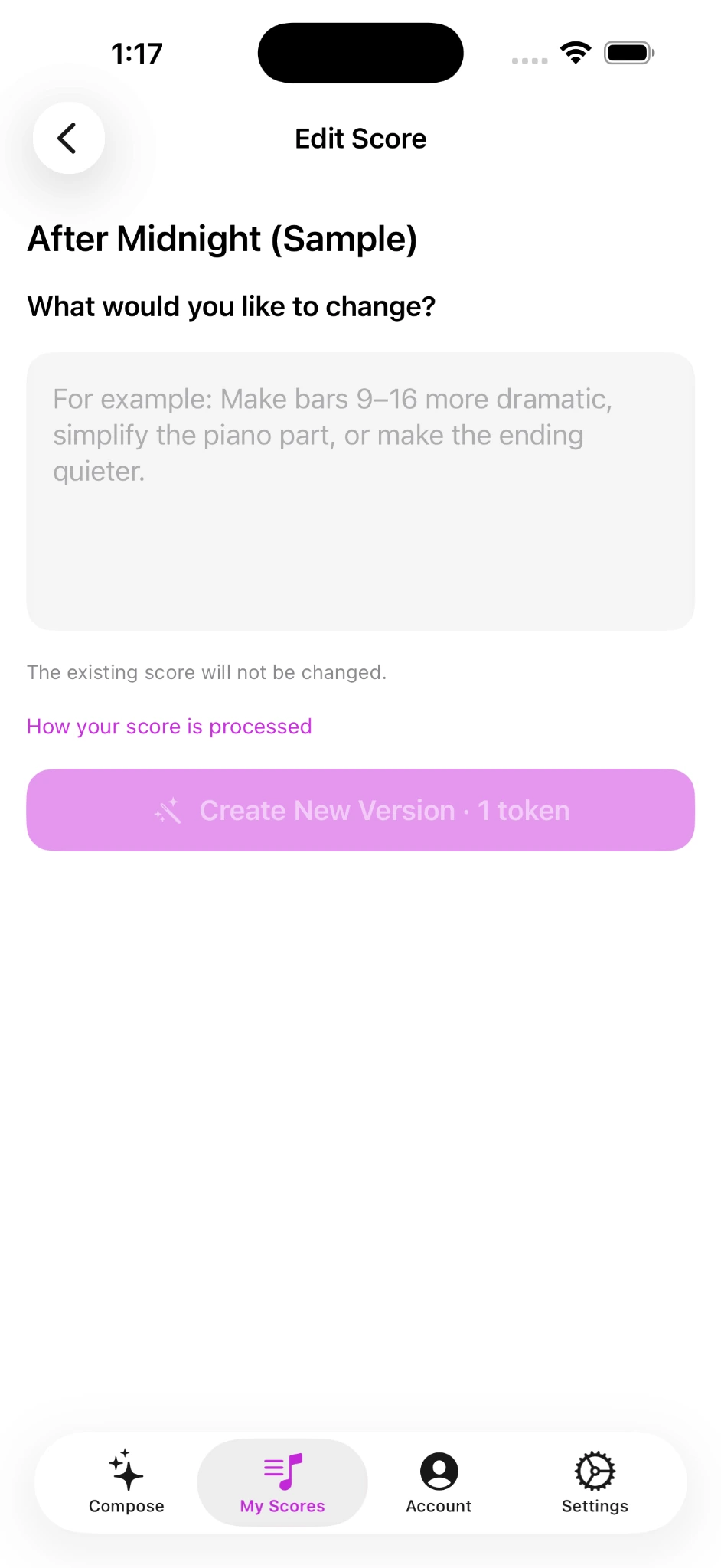 ImpromptuAI 1.2.0 Edit Score screen for changing music with written instructions