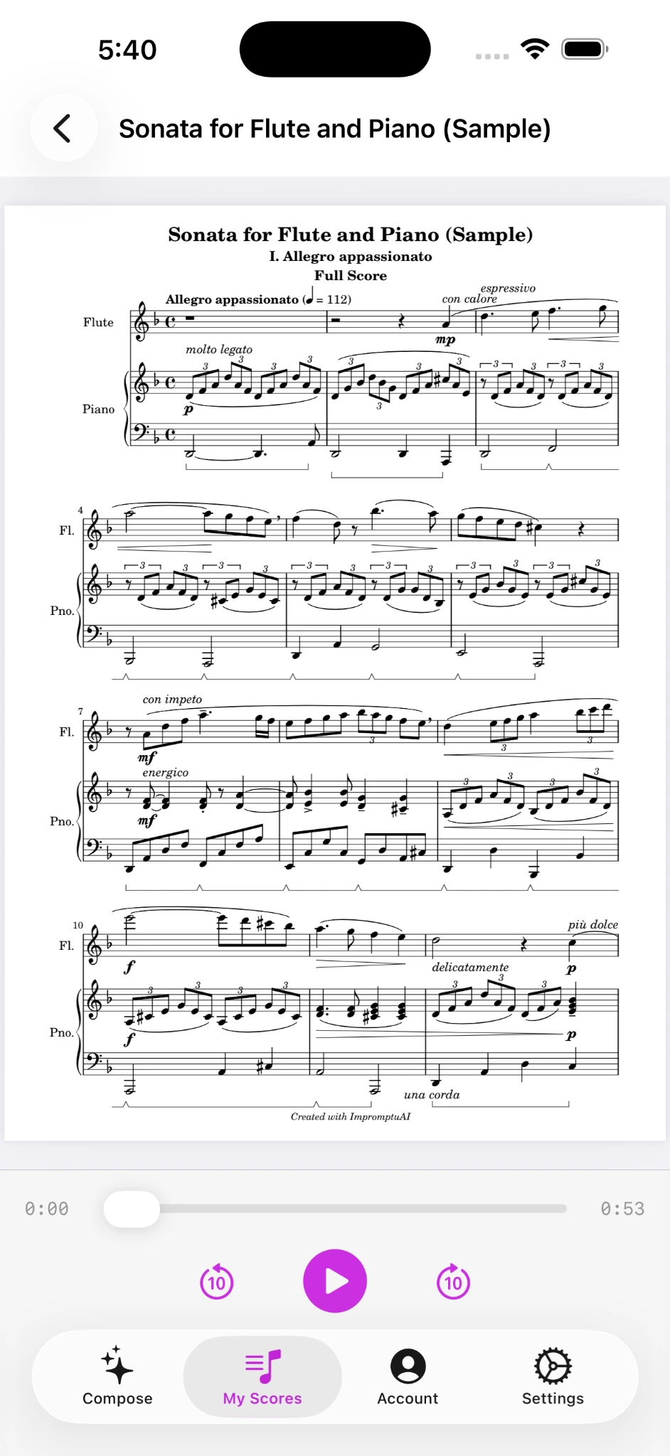 ImpromptuAI flute and piano sonata with notated parts and audio playback