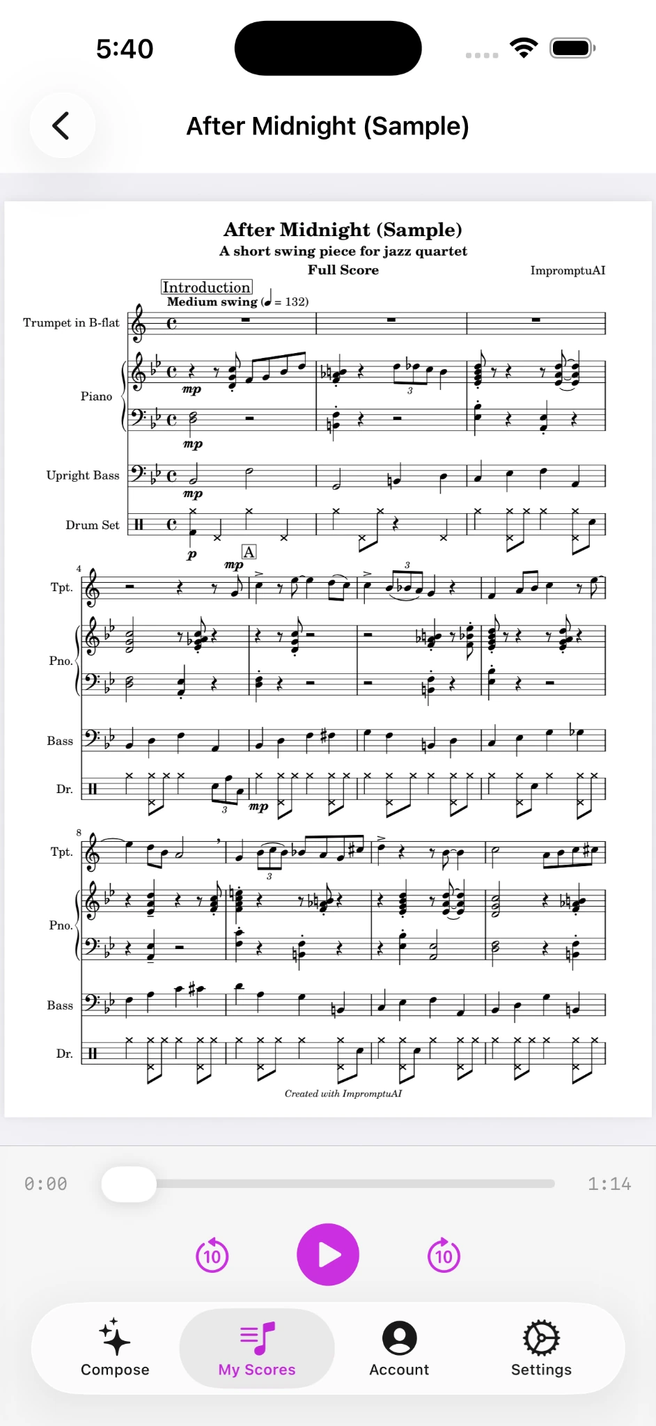 ImpromptuAI 1.2.0 jazz quartet full score with audio playback
