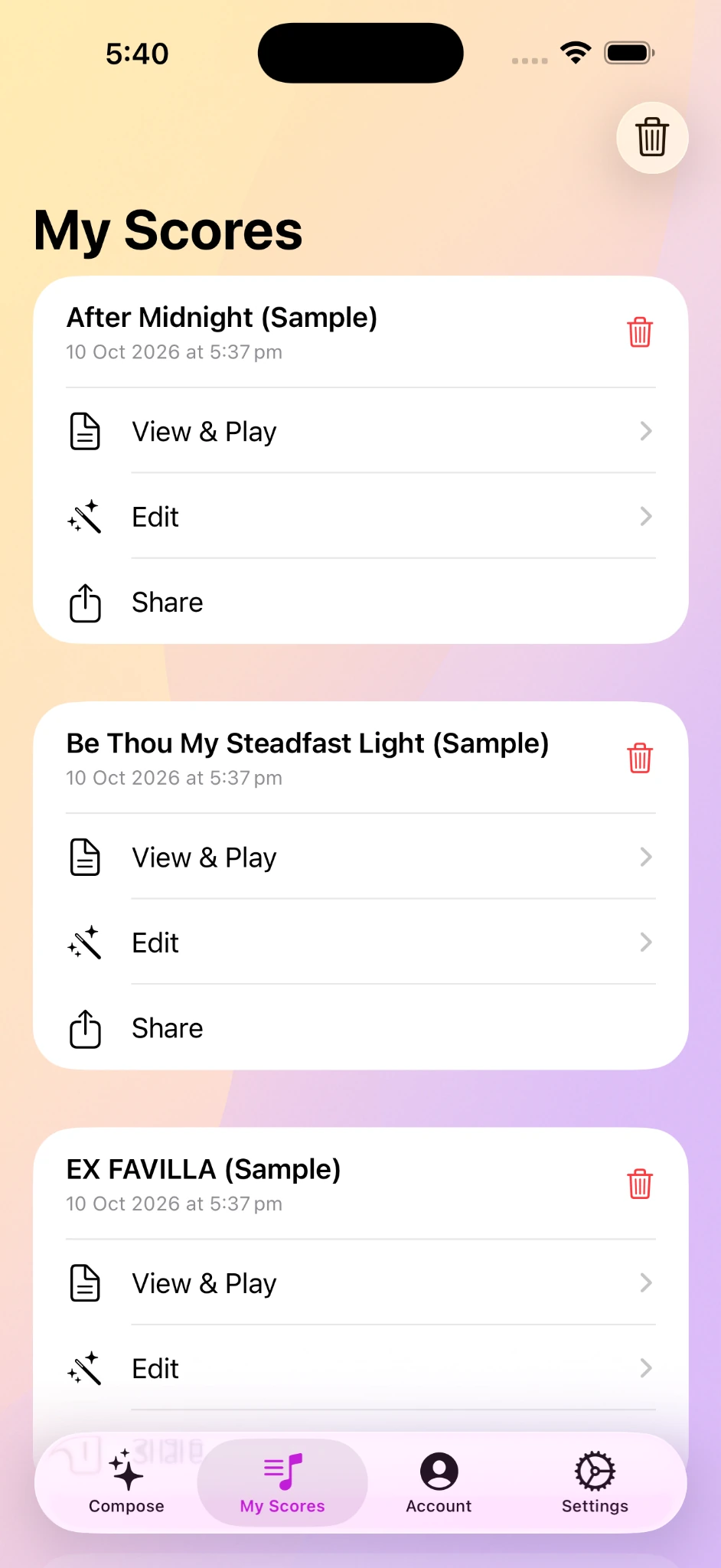 My Scores library with View and Play, Edit and Share actions