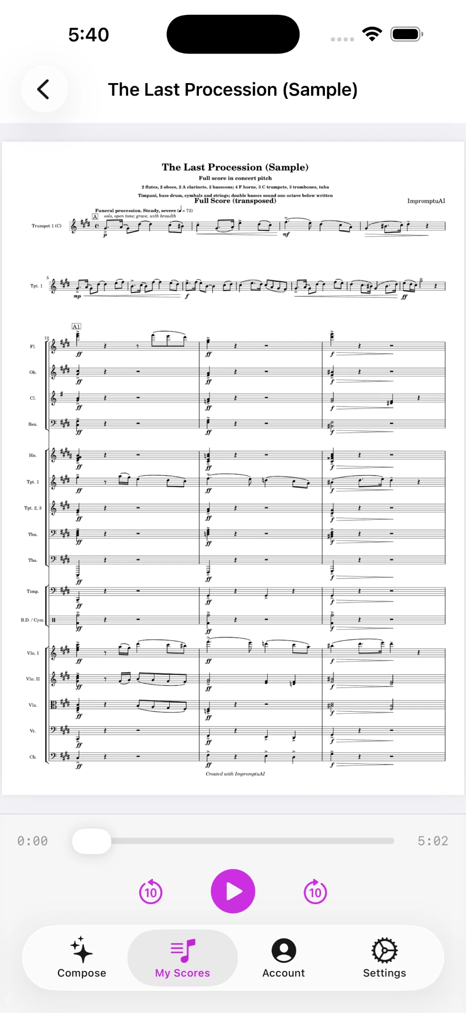 Full orchestral score generated by ImpromptuAI and displayed on an iPhone