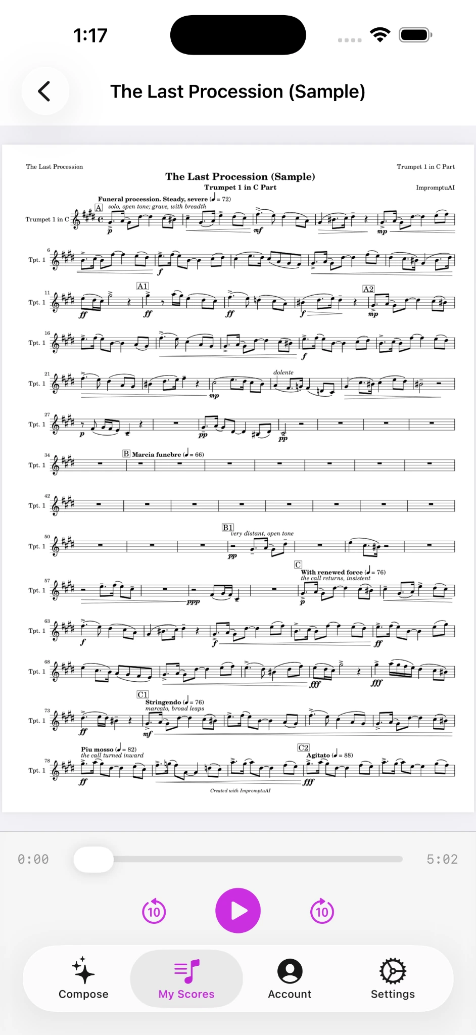 A separate trumpet part from The Last Procession orchestral score